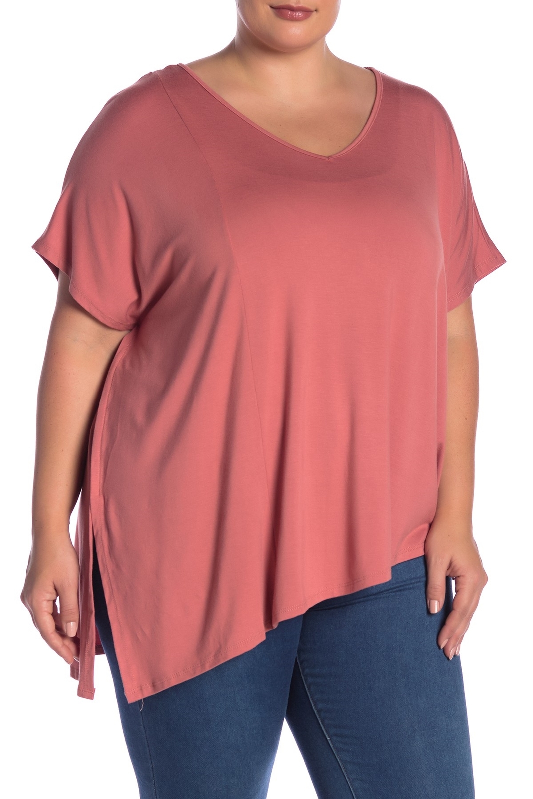 Bobeau 150995 Women's Asymmetrical Hem V-Neck Peach Dark Tee (Plus Size) 1X
