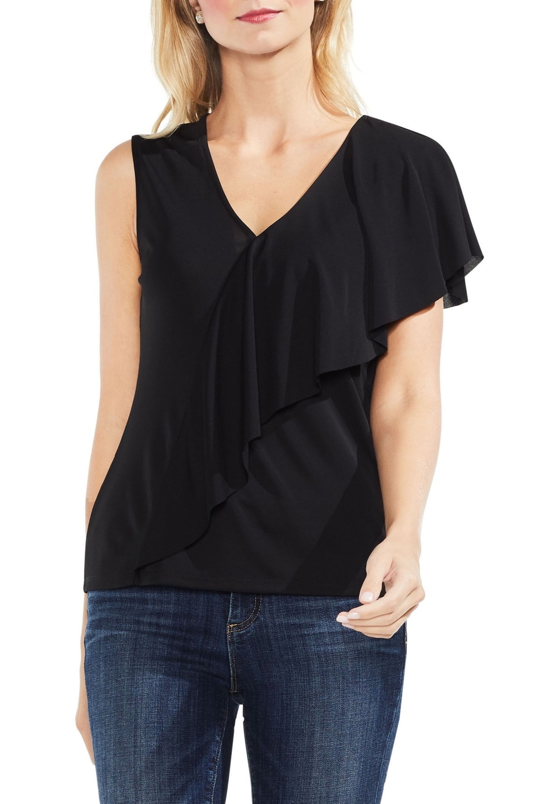 Vince Camuto 158700 Women's Asymmetrical Ruffle V-Neck Blouse Black Sz. Medium