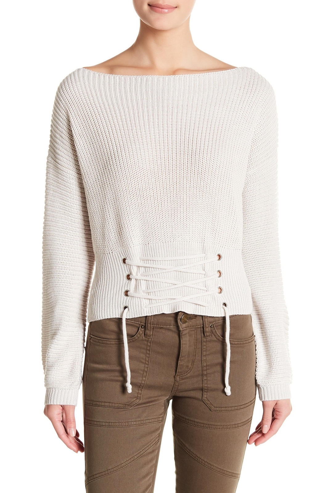 Cotton Emporium Lace-Up Bishop Sleeve Knit Sweater Sz. XL (Ivory) 151247