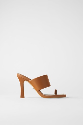 Zara Women Leather High Heel Sandals With Padded Strap Tan