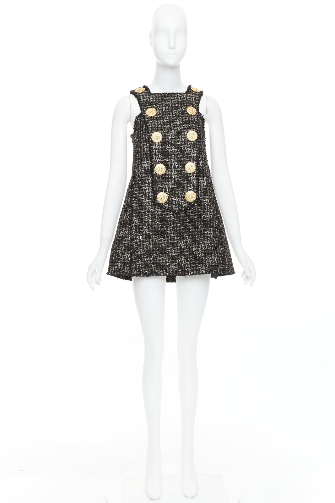 BALMAIN black gold Lion Heart metallic tweed Aline swing