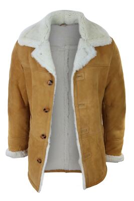 Pre-owned Truclothing Mens 3/4 Genuine Sheepskin Coat Classic Tan Brown Camel Jacket Cream Fur