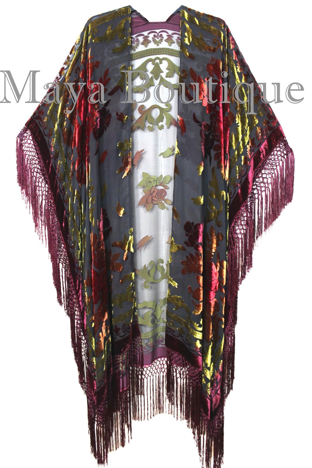Pre-owned Maya Matazaro Tie Dye Burgundy Multi Fringe Kimono Burnout Velvet Jacket Coat In Tye Dye Burgundy Multi