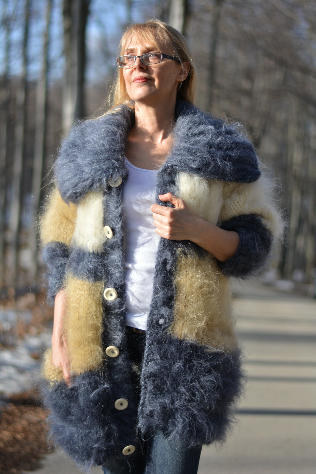 Pre-owned Dukyana Hand Knit Chunky Mohair Cardigan Fuzzy Collared Jumper Handmade Size M,l