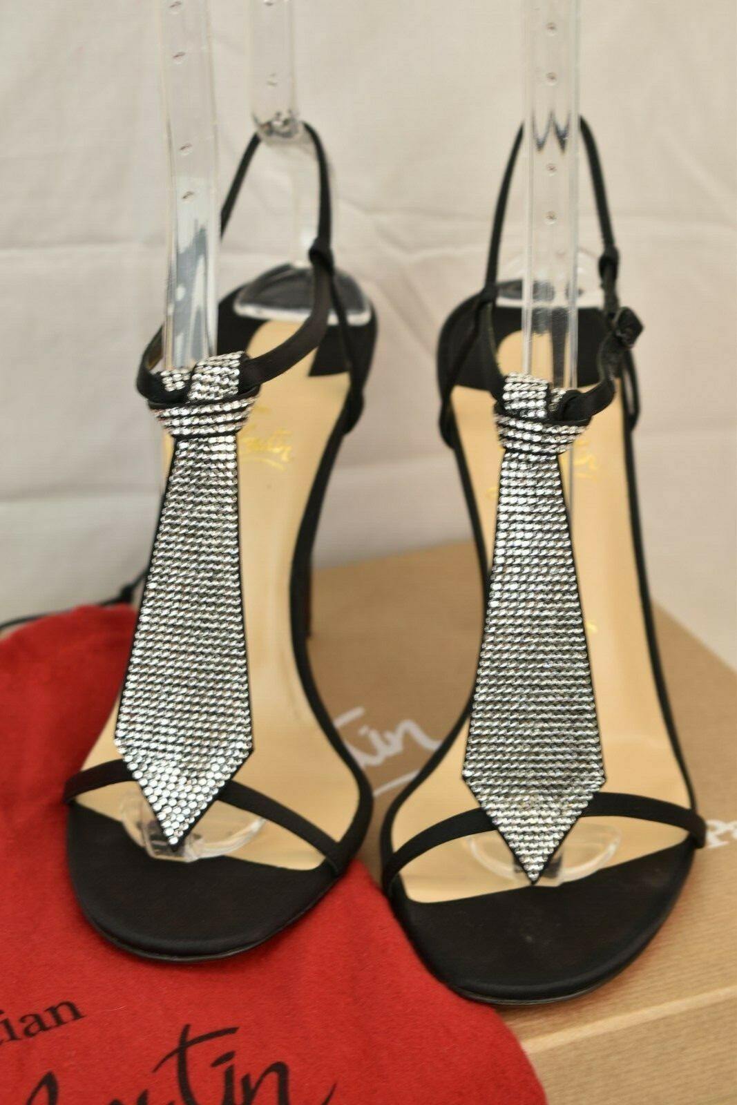 Pre-owned Christian Louboutin Louboutin T Cab 100 Black Crepe Satin Jeweled Tie Ankle Strap Pumps 39.5