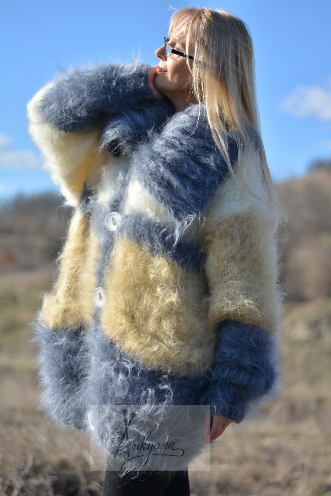 Pre-owned Dukyana Hand Knit Chunky Mohair Cardigan Fuzzy Collared Jumper Handmade Size M,l
