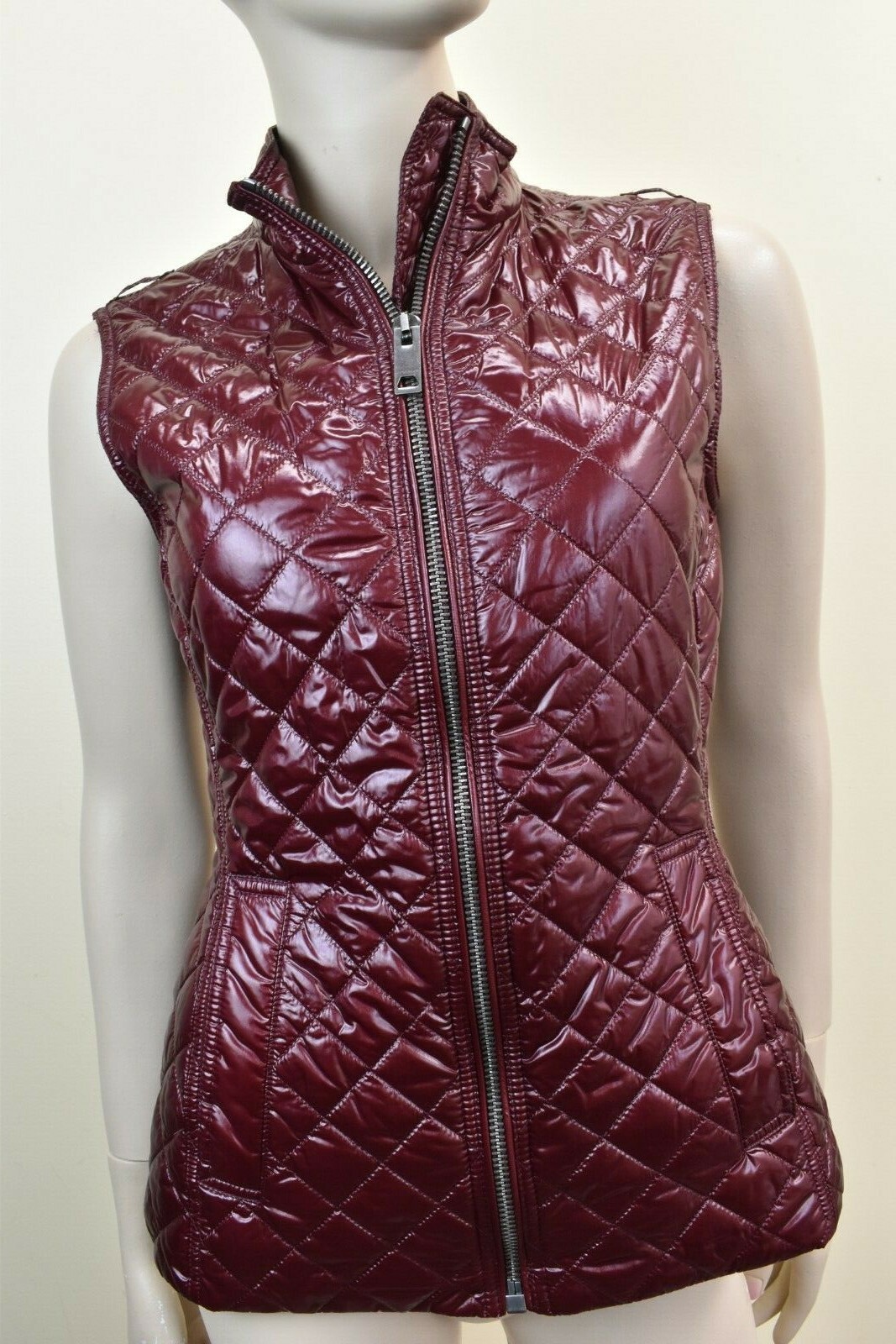 BURBERRY $1595 BURBERRY BLAIRMONT BLACK WOOL BURGUNDY QUILTED VEST COAT JACKET US 8 UK 10