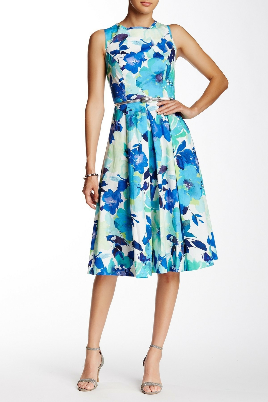 Eliza J 148325 Women's Sleeveless Floral Flare Dress Color Blue Sz 0