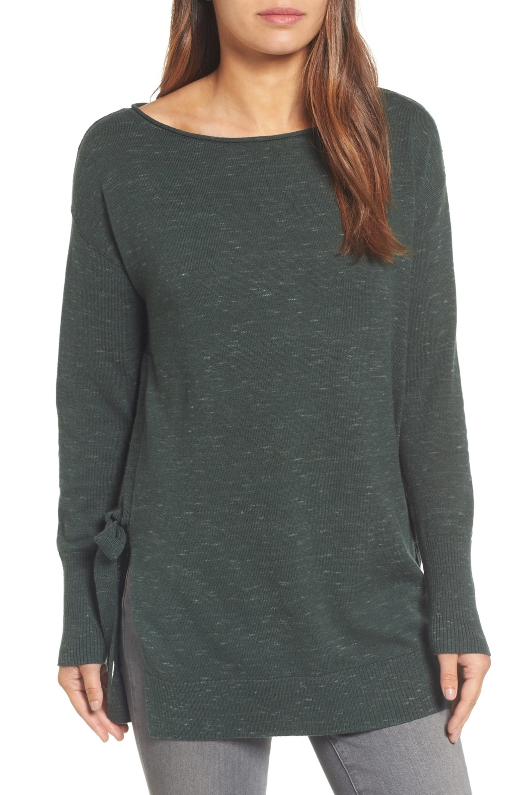 Caslon 164592 Women's Long Sleeve Side Tie Tunic Pullover Green Sz. Medium