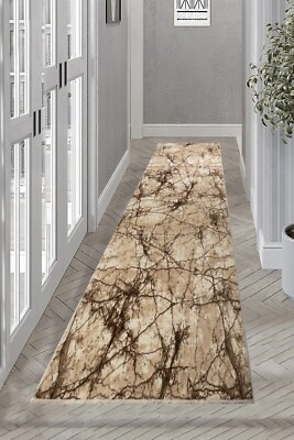 RUG RUNNER NON SLIP Marble Desing SOFT Pile Brown & Beige 31 inches Wide by Feet