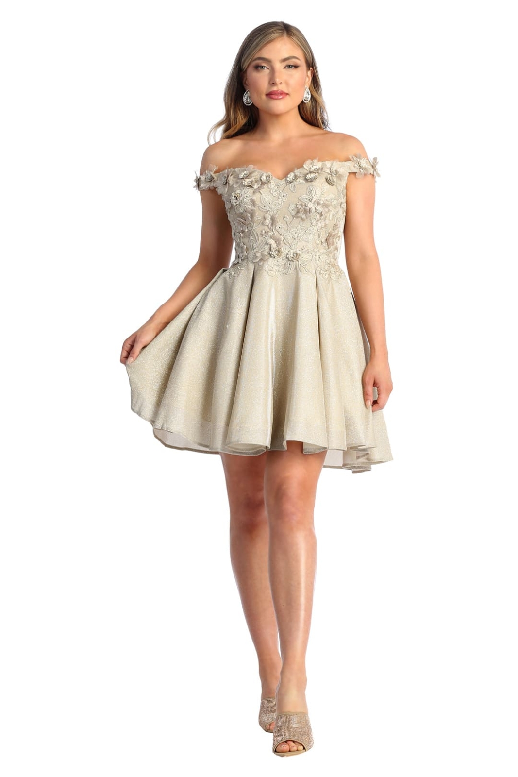 Pre-owned Designer Off The Shoulder Homecoming Dress In Champagne, Dusty Blue, Rose Gold, Silver, Mauve