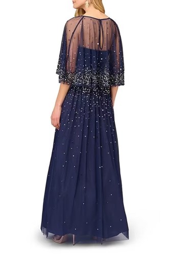 Pre-owned Aidan Mattox Beaded Strapless Ball Gown With Removeable Beaded Cape In Navy