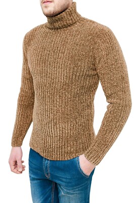 Pullover Dolcevita Diamond uomo beige cammello a collo alto invernale ciniglia