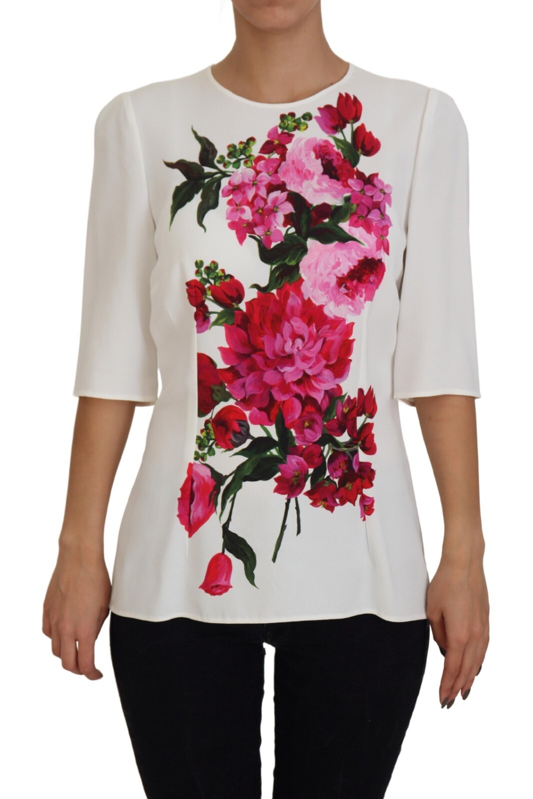 

DOLCE - GABBANA Топ Белая блузка с круглым вырезом с цветочным принтом IT44/US10/ Рекомендуемая розничная цена 800 долларов США, Белый