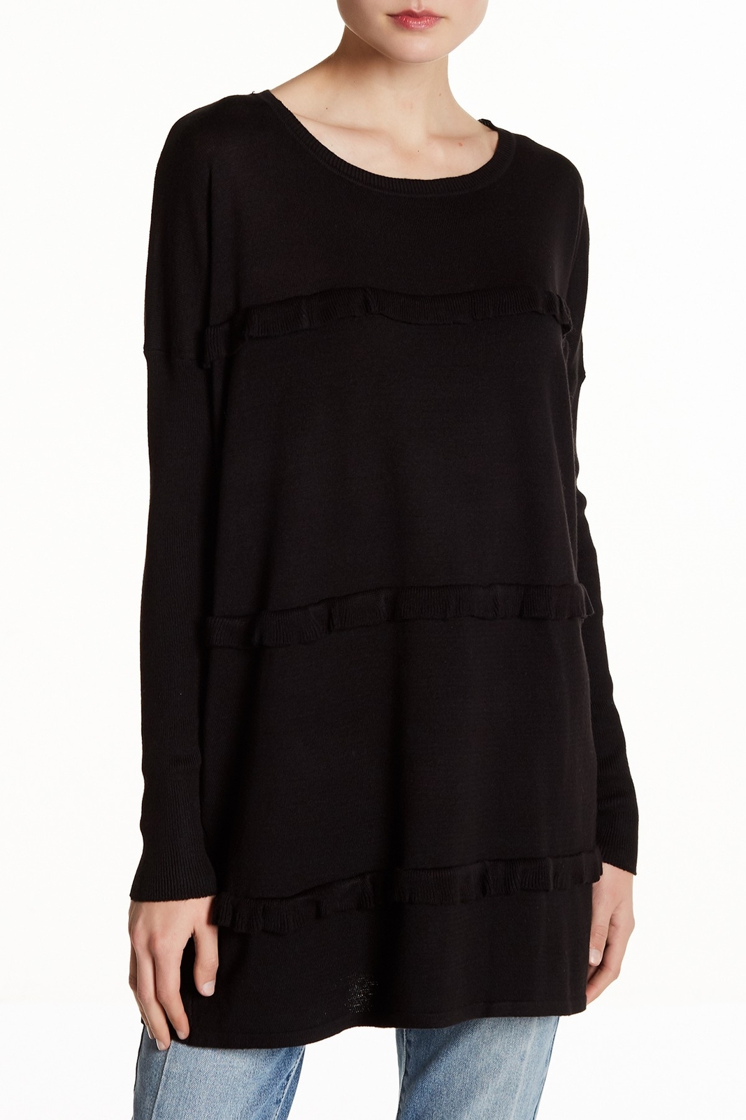 Solutions 163905 Women's Long Sleeve Triple Ruffle Sweater Tunic Black Sz. M