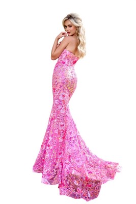 Pre-owned Scarlett Portia& Floral Appliqué Strapless Corset Fit-and-flare Gown With Sweep In Pink
