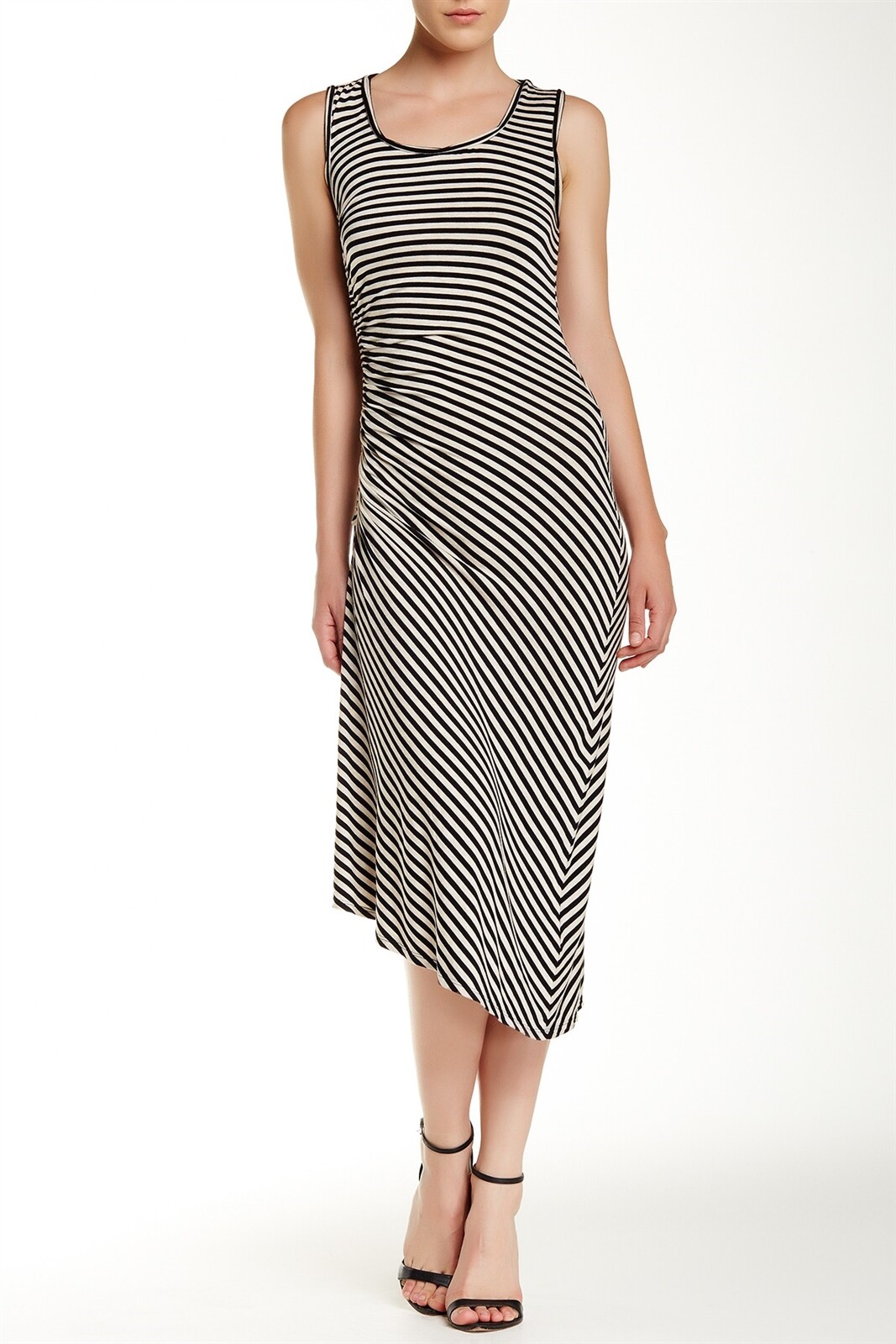 Max Studio 121311 Womens Ruched Knit Asymmetrical Striped Midi Dress Size Medium