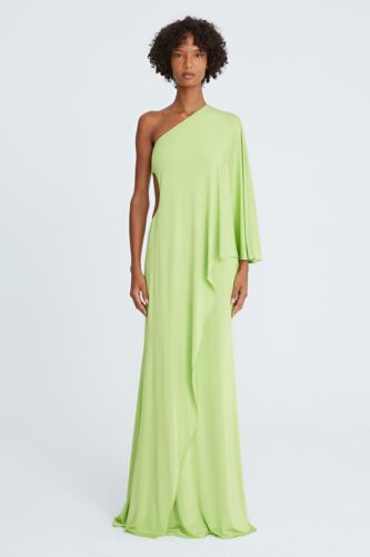 Pre-owned Halston Heritage Halston One Shoulder Bodycon Cascade Jersey Gown In Green