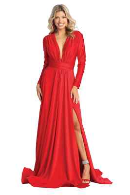 Womens Dresses For Prom Formal Evening Long V-Neck Long Sleeve A-Line Plus Size