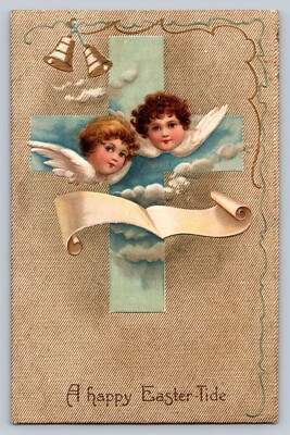 Easter Postcard A Happy Easter-Tide Angels Scroll Gilt Background Unposted A673