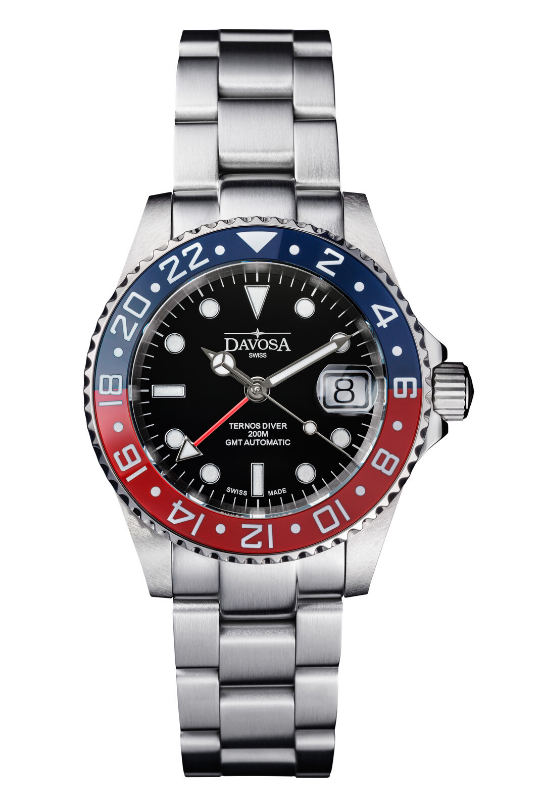 Pre-owned Davosa Ternos Gmt Automatic Diving Dualtime Watch Stainless Steel Red Blue 40mm