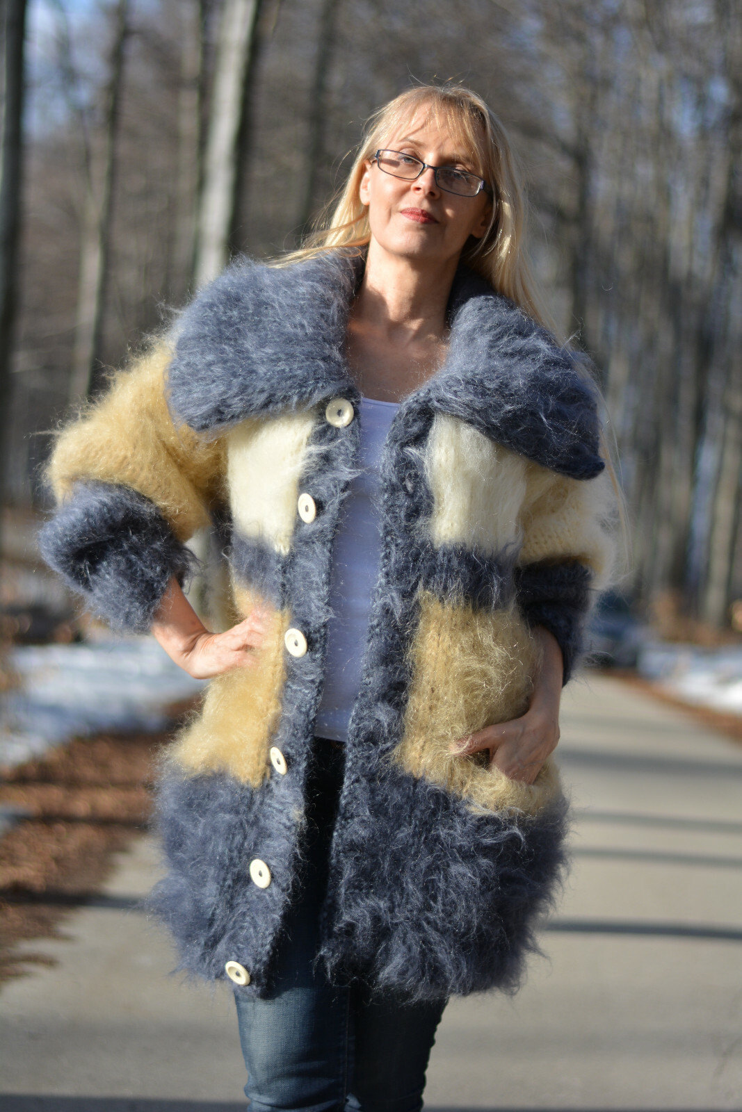 Pre-owned Dukyana Hand Knit Chunky Mohair Cardigan Fuzzy Collared Jumper Handmade Size M,l