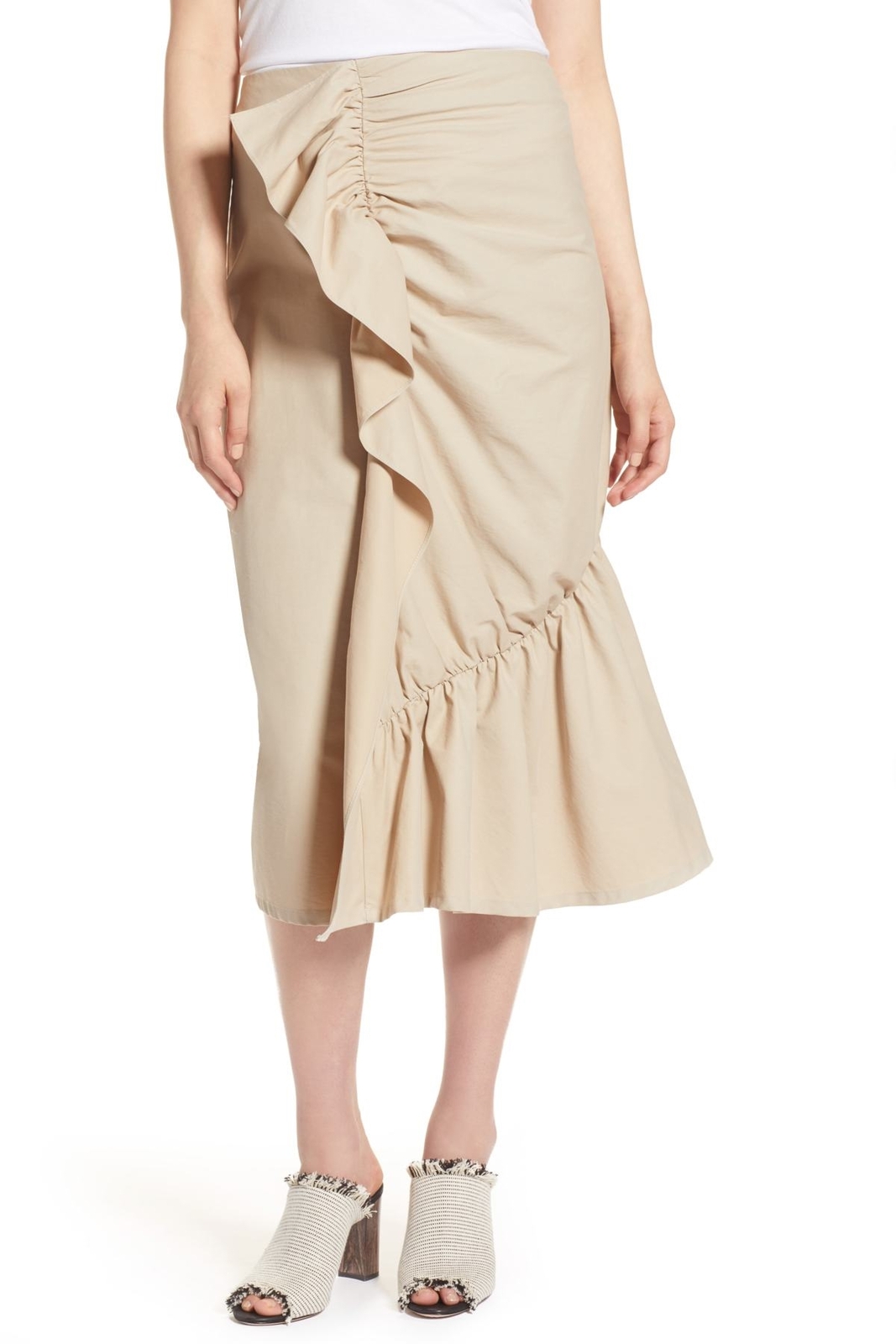 Halogen 153455 Women's Ruffle Front Midi Skirt Tan Thread Sz. 12