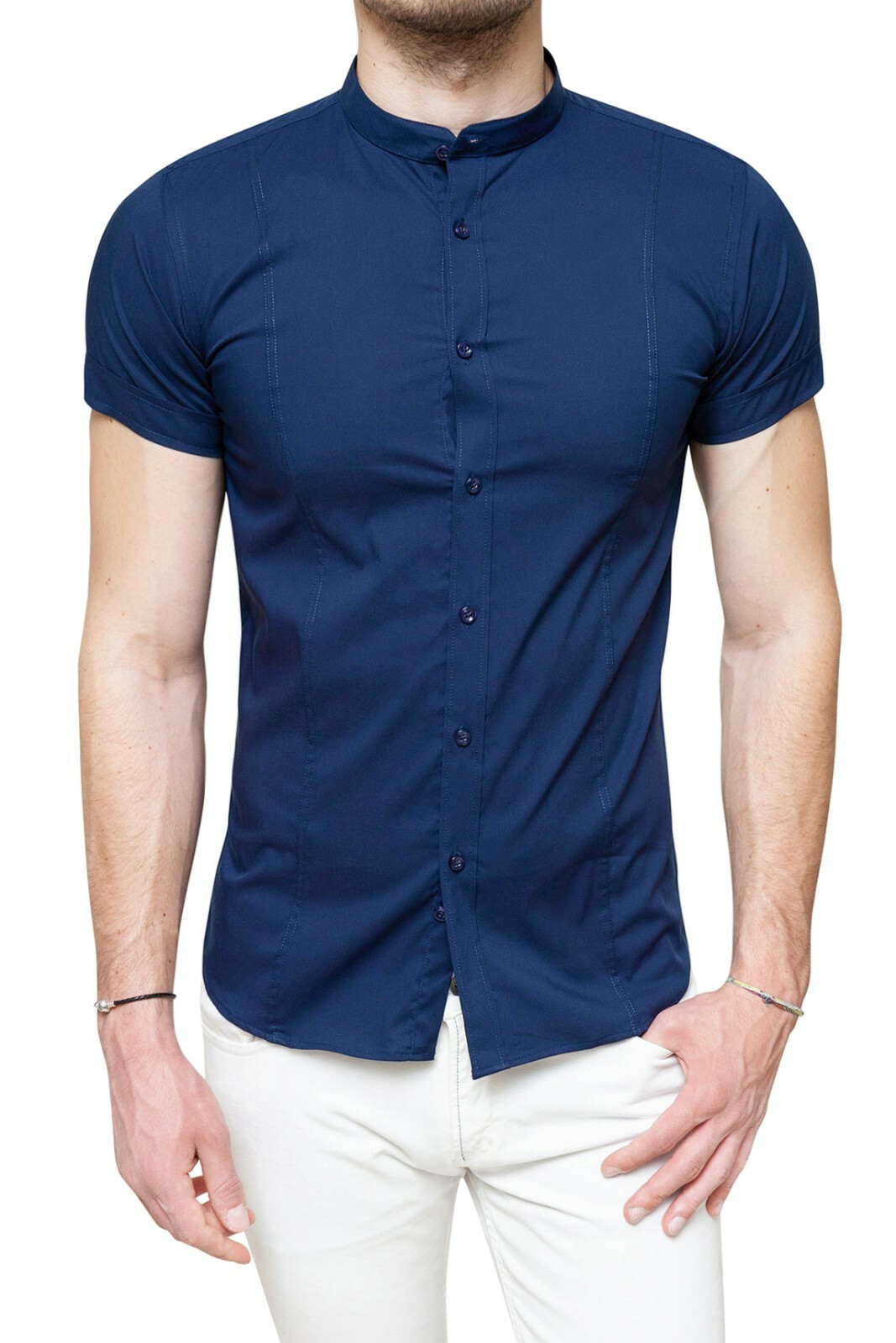 Camicia uomo casual blu estiva cotone elastico slim fit con collo alla coreana