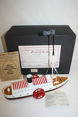 TUCHER & WALTHER TIN WIND UP SHIP BOAT TOY GERMAN IN BOX L.E