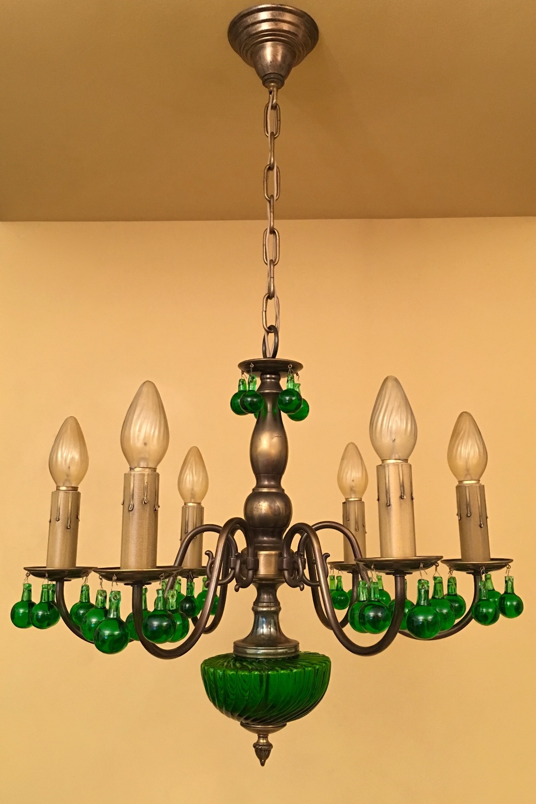 Vintage Lighting green glass 1950s chandelier