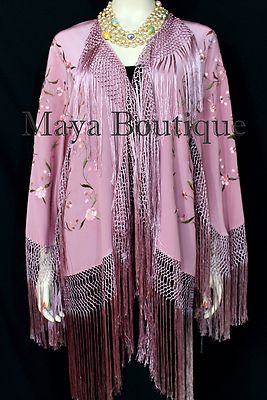 Pre-owned Maya Matazaro Embroidered Silk Fringe Jacket Kimono Strawberry Ice Multi Birds Flower Maya