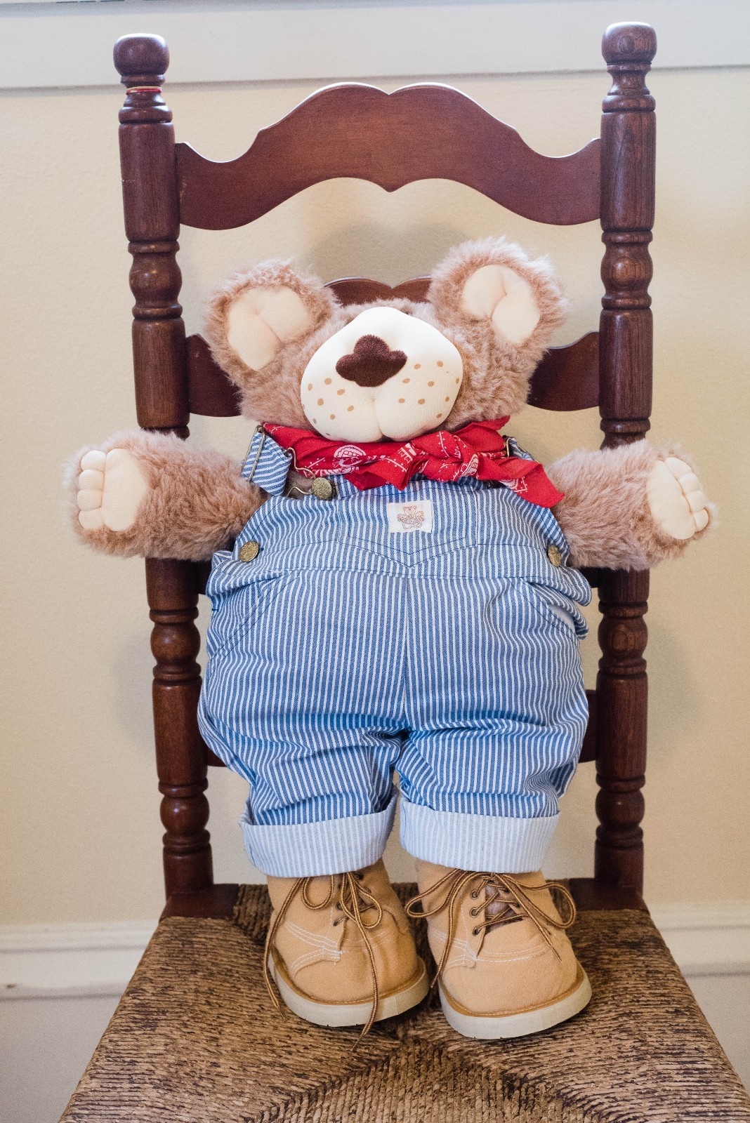 Vintage Furskins Plush Bear Brown Striped Overalls Complete w Boots Handkerchief