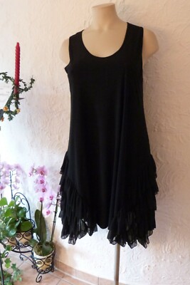 MAGNA Kleid Tunika 56 58 NEU schwarz Chiffon-Volants Stretch A-Form LAGENLOOK 