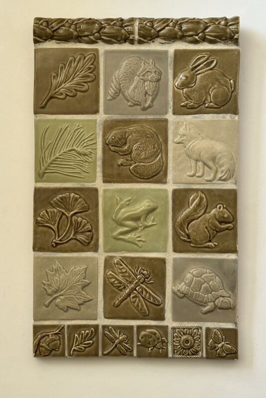 Mounted Set Of Handmade Craftsman Style Art Tiles Animals Botanical