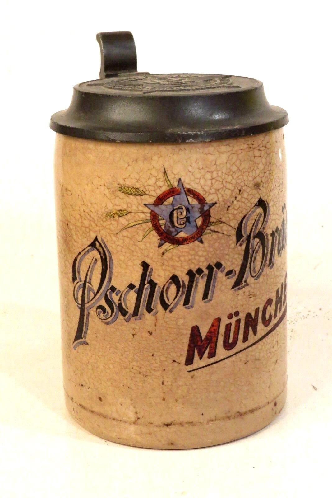 PSCHORR BRAU ANTIQUE PAUSON GERMAN 1/2 Liter BEER STEIN MUNCHEN SCHUTZ 1820