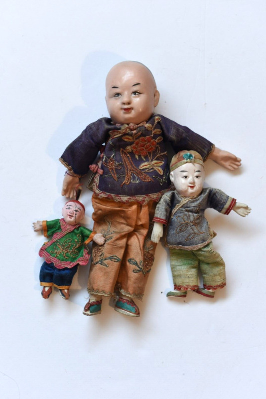 Lot of 3 Vintage Asian Chinese Ceramic/Cloth Dolls 3.5"-9.5" (P-9)