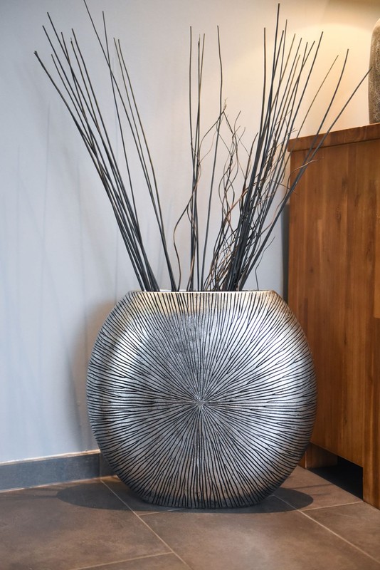 Vase Deko Bodenvase Fiberglas Atena 50x55x18 Cm, Silber Schwarz