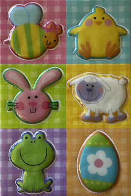 PUFFY EASTER ANIMAL Stickers (6pc)Rabbit Frog Colored Egg Sheep  Chick Bees 