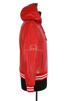 L.B HERREN ROT BASEBALL WEISS STREIFEN NEU KAPUZE BOMBER ECHTE LAMMFELL LEDER JACKE