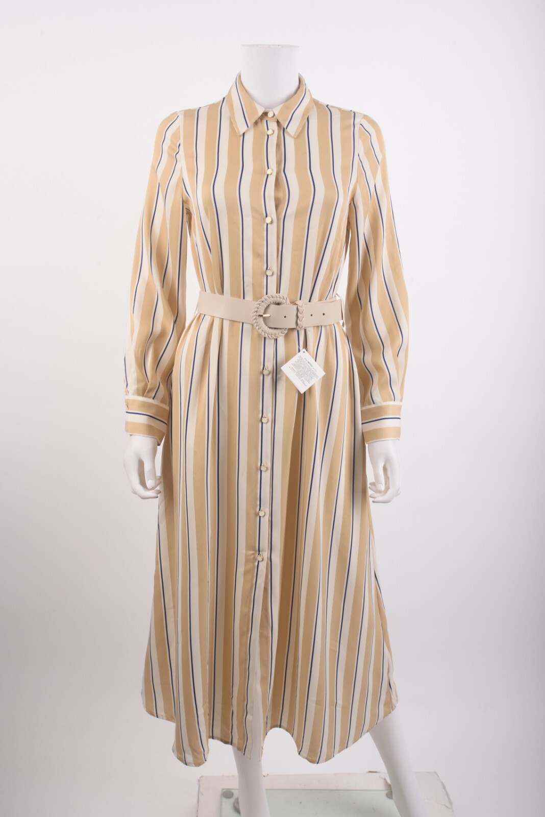 Zara Womens Belted Shirt Dress Midi XS Beige Tan Navy Blue
