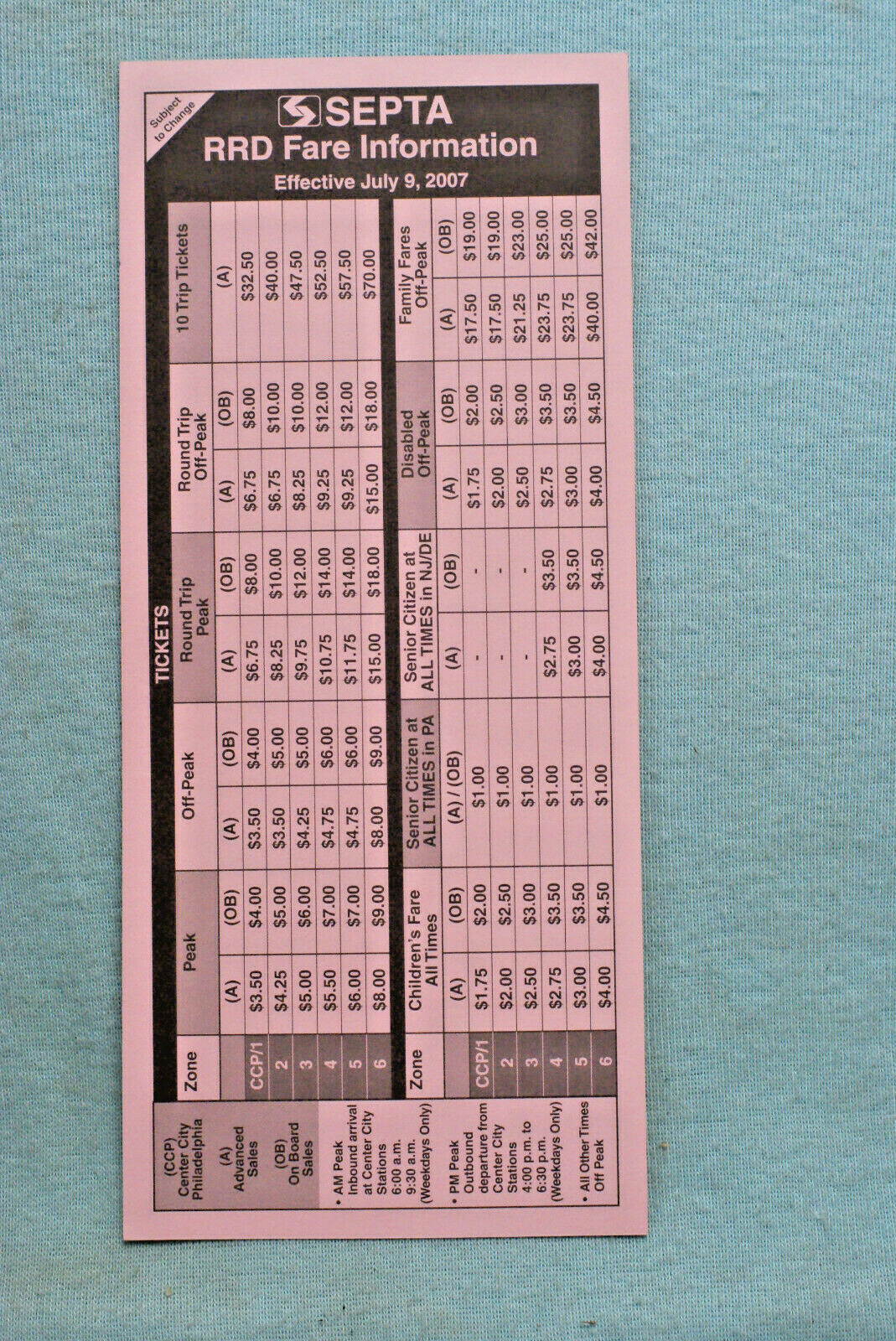 SEPTA - RRD Fare Information - July 9, 2007 | eBay