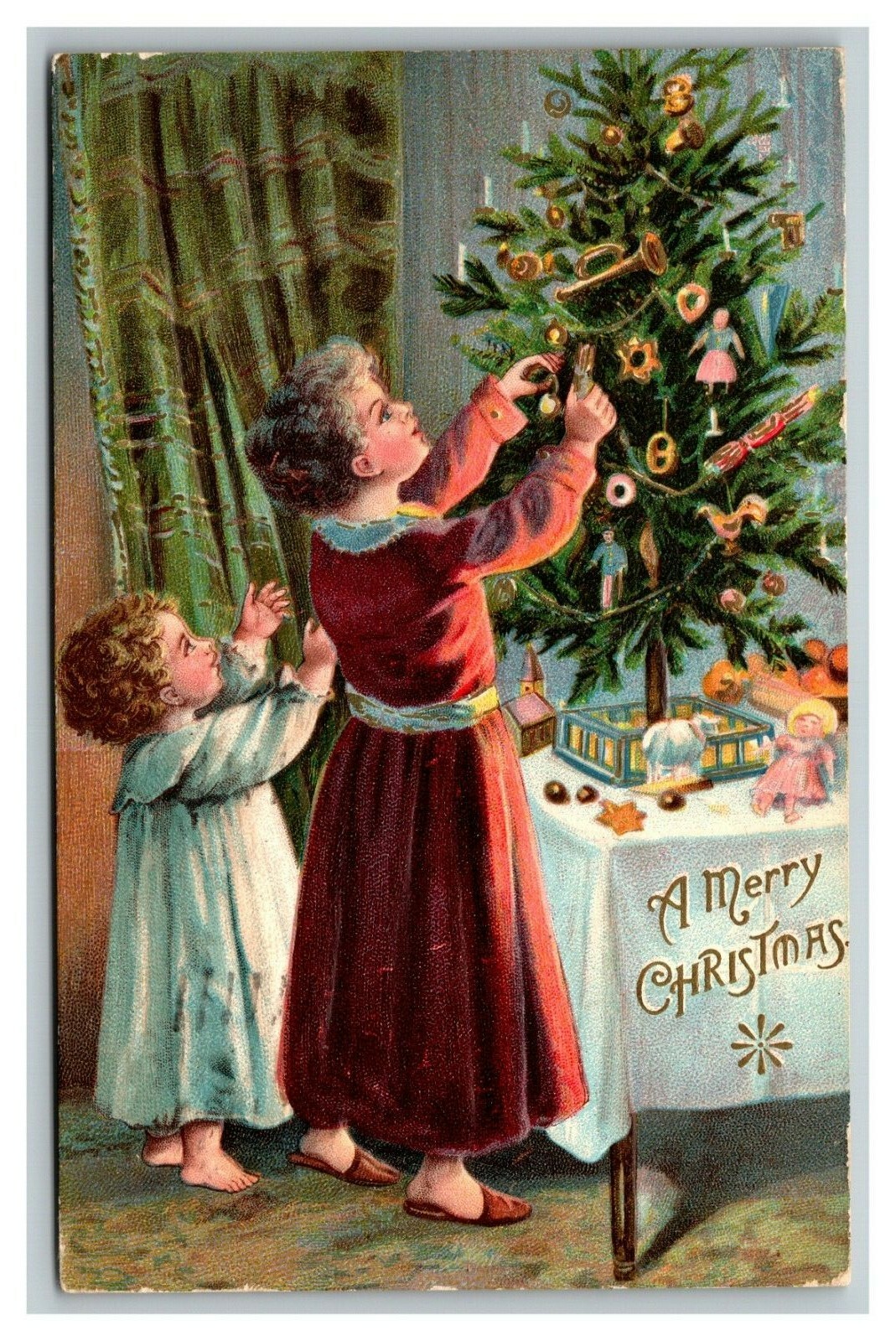 Vintage 1908 Christmas Postcard Cute Children Decorate the