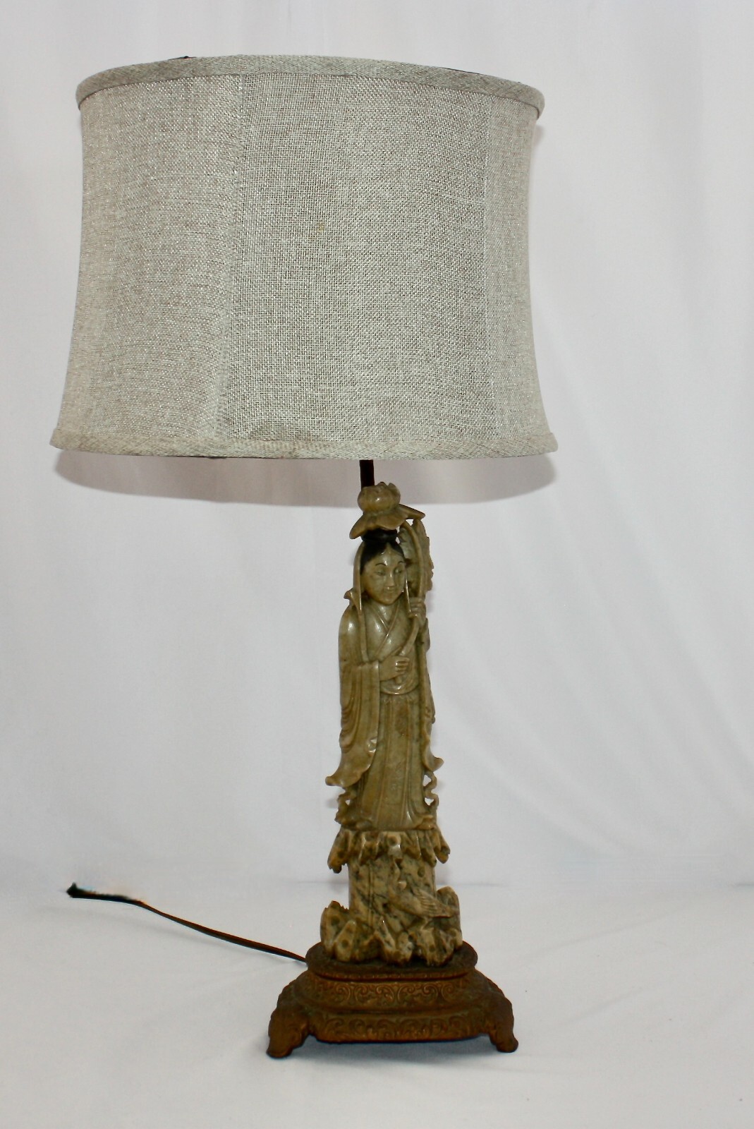Antique Soapstone Figural Table Lamp with Asian Female, Shade
