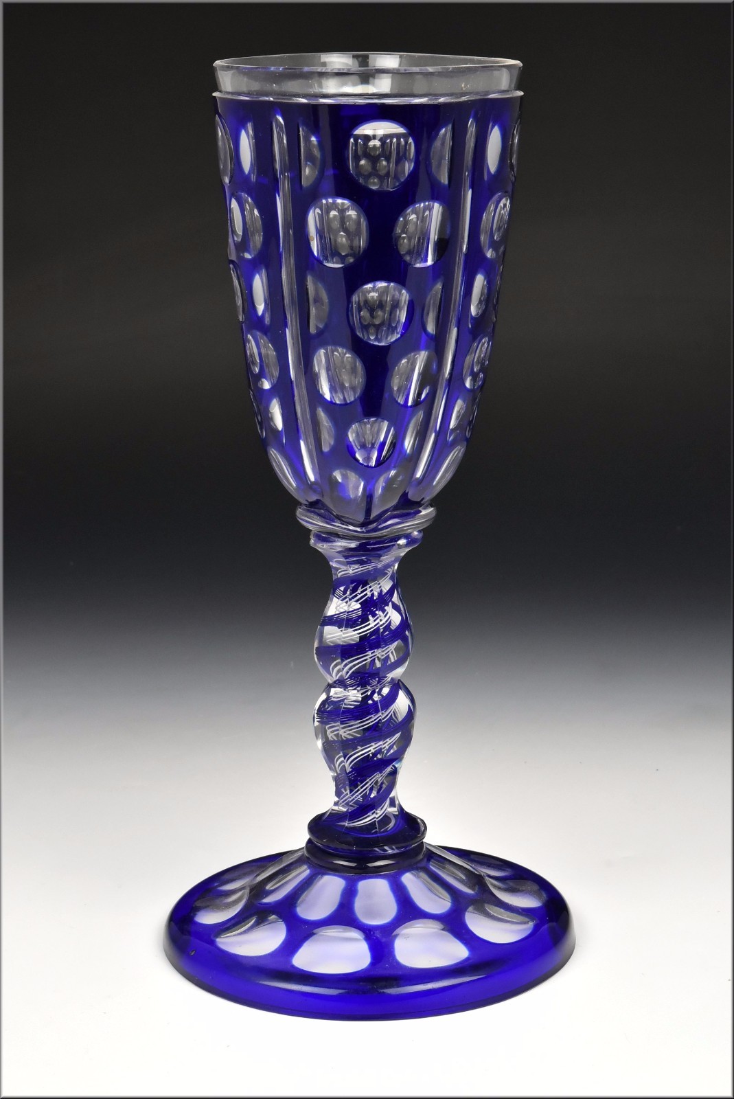 Rare 19th Century Double Air Twist Stem  Cobalt Cut To Clear Overlay Chalice