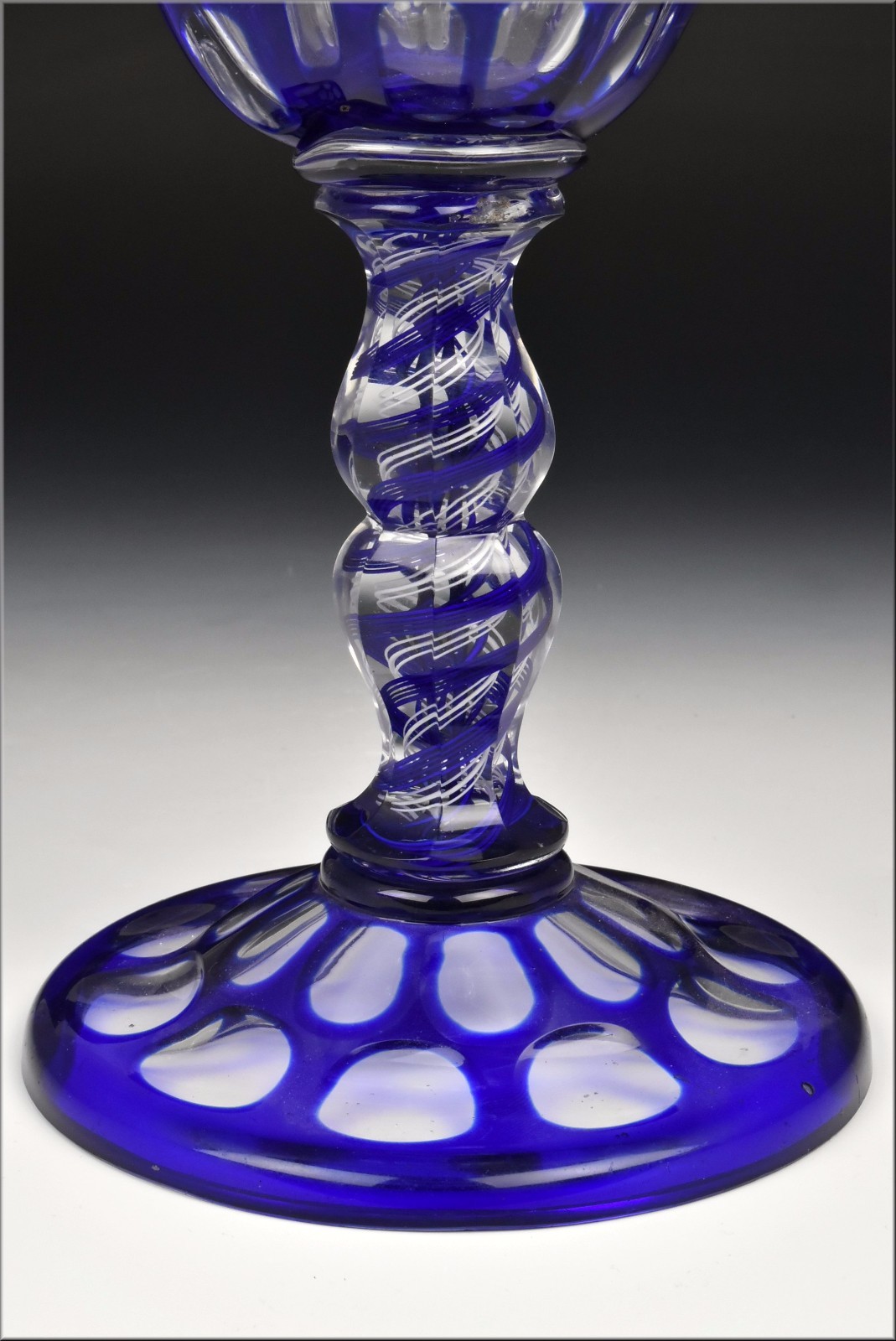Rare 19th Century Double Air Twist Stem  Cobalt Cut To Clear Overlay Chalice
