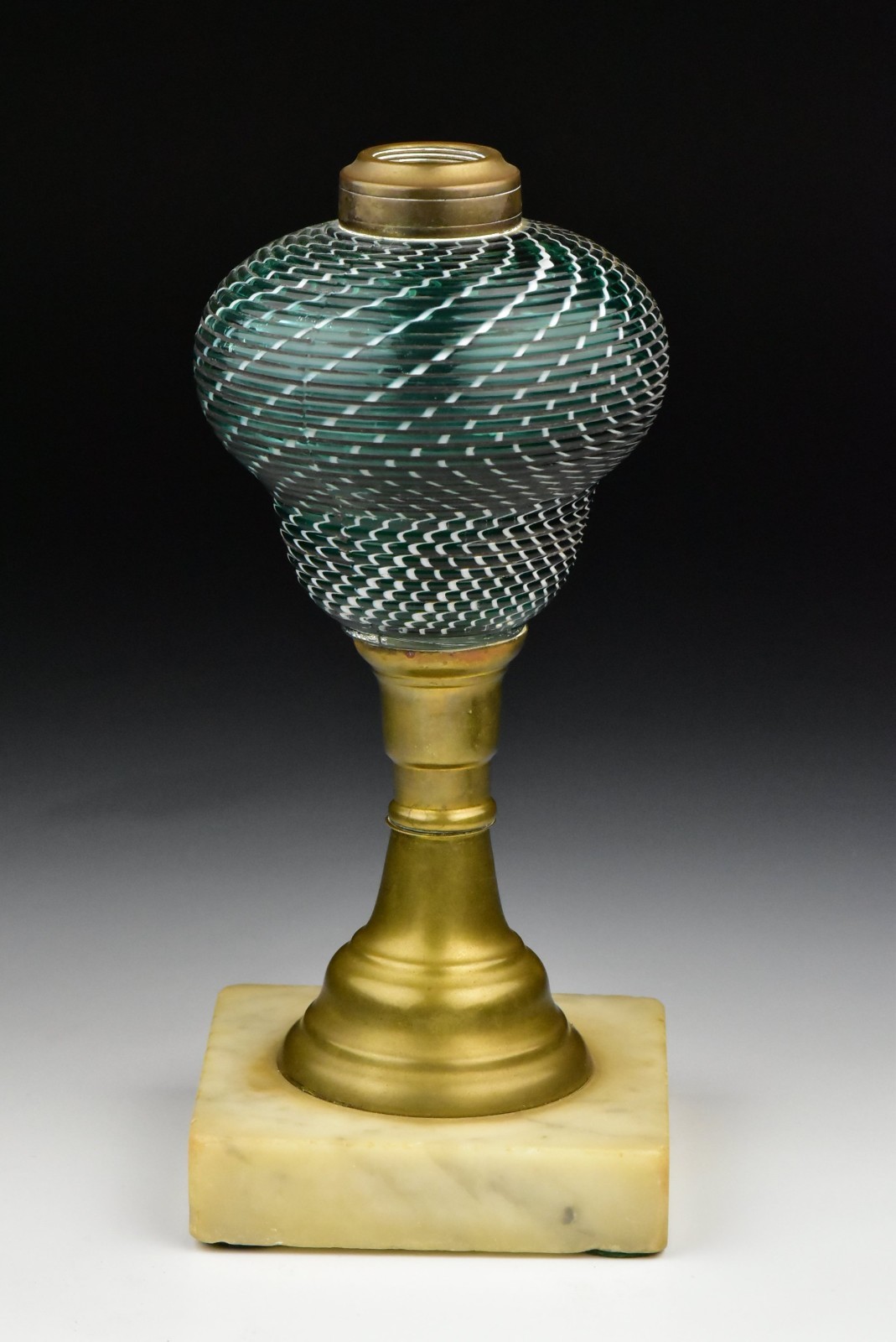 Antique 19th Century Green & White Swirl Reed Glass Font Oil Lamp