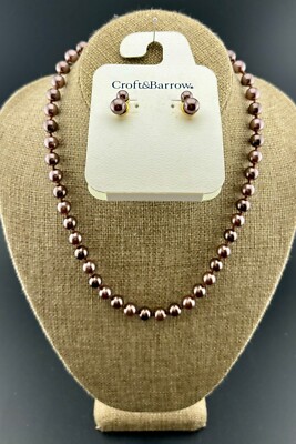 New Old Stock Croft & Barrow Chocolate Brown Faux Pearl Necklace and Earrings