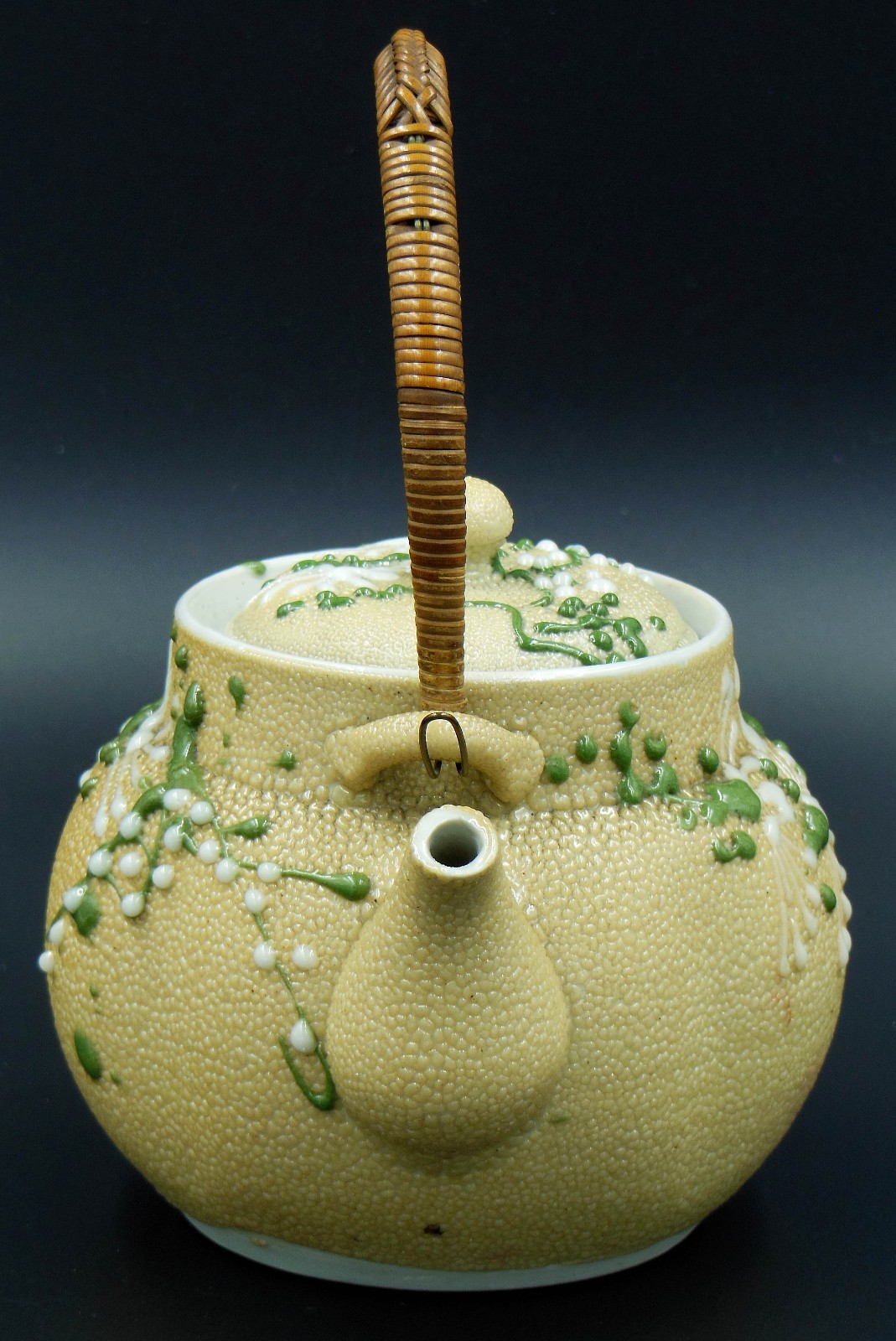 Antique Japanese Moriage Meiji Sharkskin Pottery Teapot Orange Peel Glaze