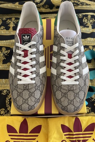 Pre-owned Gucci 100% Auth  X Adidas Gazelle Beige Gg Monogram Sneakers 13.5 Us 14