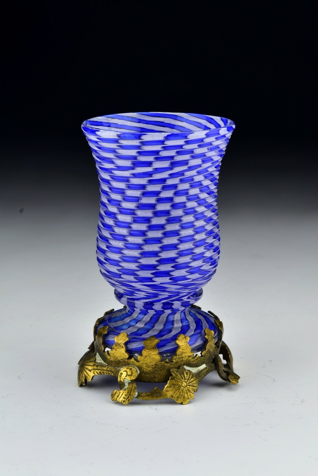 French Clichy Blown Glass Tooth Pick Holder in Cane Swirl Pattern, Ormolu Base